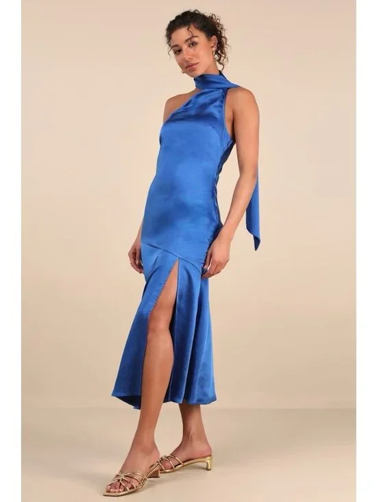 Lulus Womens Reglan Sash Midi Dress Sz Medium Blue Satin One Shoulder Low Back - Picture 4 of 8